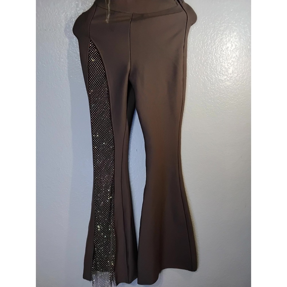 RIVIR Brown Bandage Flare Pants Rhinestone Mesh Side Panel Bell Bottom Mocha(64) - Picture 2 of 7